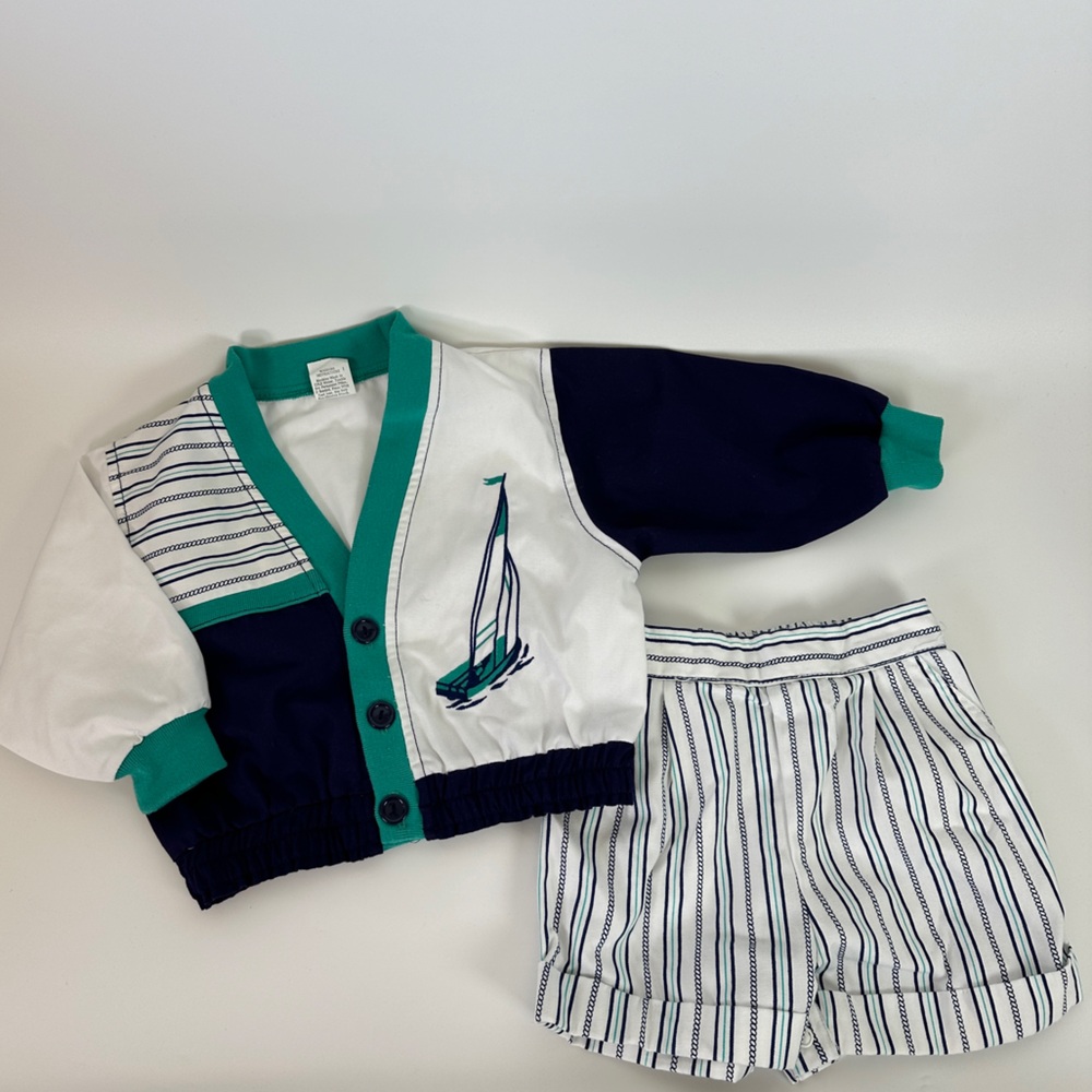 Vintage 18 Months Baby Toddler 2 PC Outfit Set Sail Boat Nautical Teal & Navy